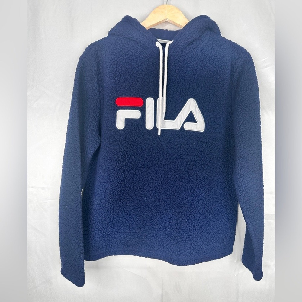 Fila Mens Sherpa Fleece Hoodie Navy Blue Embroidered Logo Large Pullover